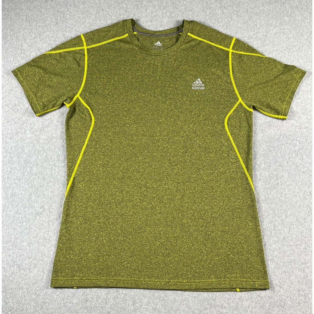 Adidas Techfit Climalite Mens XL Training Shirt Olive Green Lime Contrast Stitch